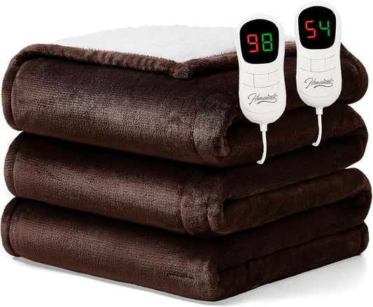 Homemate Electric Heated Blanket Queen Size - 84"x90" Heating Blanket Queen Size Dual Control 1/2/4/6/8 Hours Auto-Off 10 Heat Level Over-Heat Protection Flannel Sherpa ETL Certification