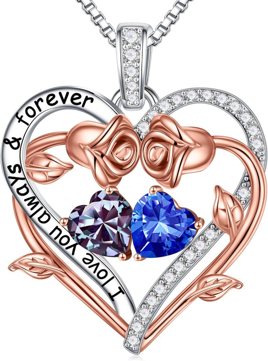 Iefil Rose Heart Double Birthstone Necklace Gifts for Wife Her Mom Women, Birthstone Jewelry Gemstone Birthday Gifts for Girlfriend Grandma Her Wife Women