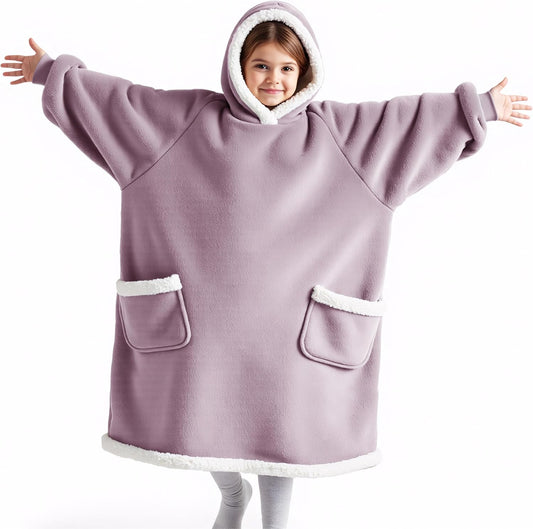 Bedsure Blanket Hoodie, Wearable Blanket for Adults & Kids as Gifts for Women Men, Birthday Gifts for Women Mom Girl Sherpa Oversized Hoodie, Lavender, Kids