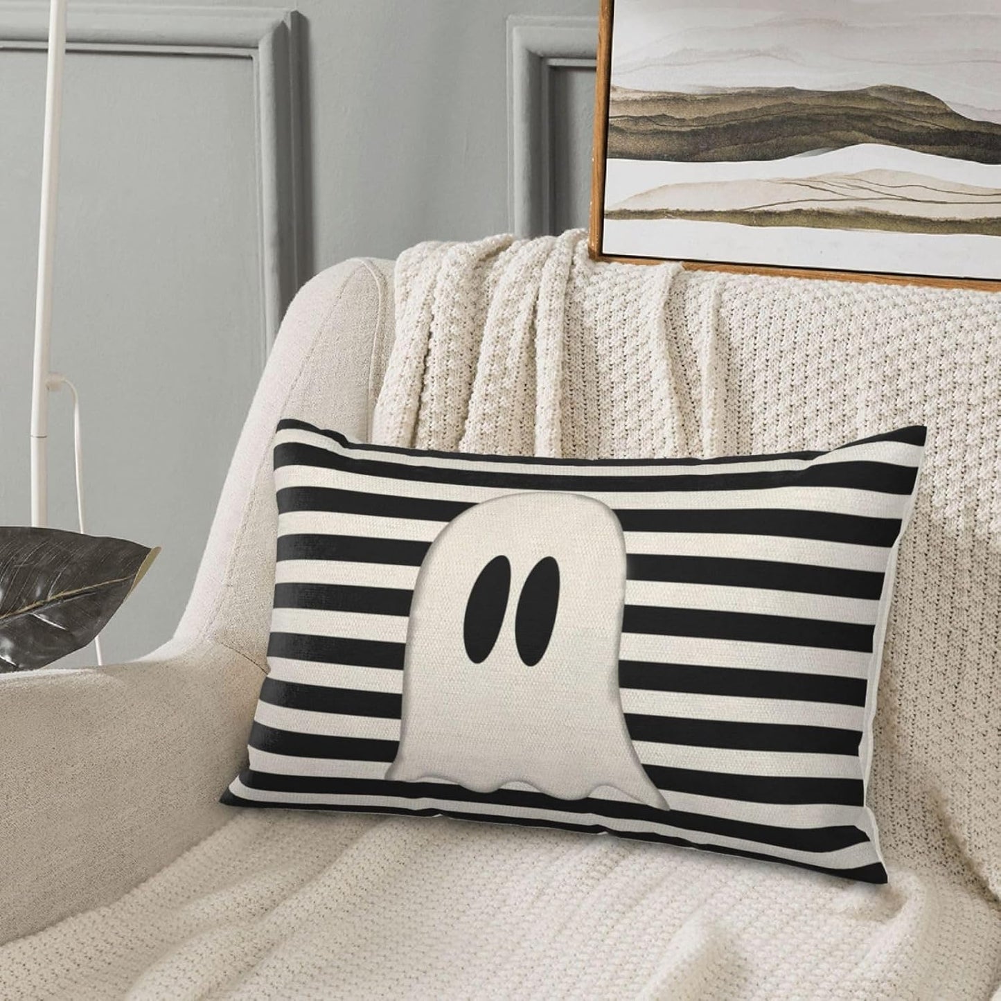 Halloween Decor Pillow Covers 12x20 Set of 2 Black Stripe Cute Ghost Throw Pillow Covers Halloween Decorative Pillow Covers for Halloween Decoration Linen Cushion Case for Couch Sofa Outdoor