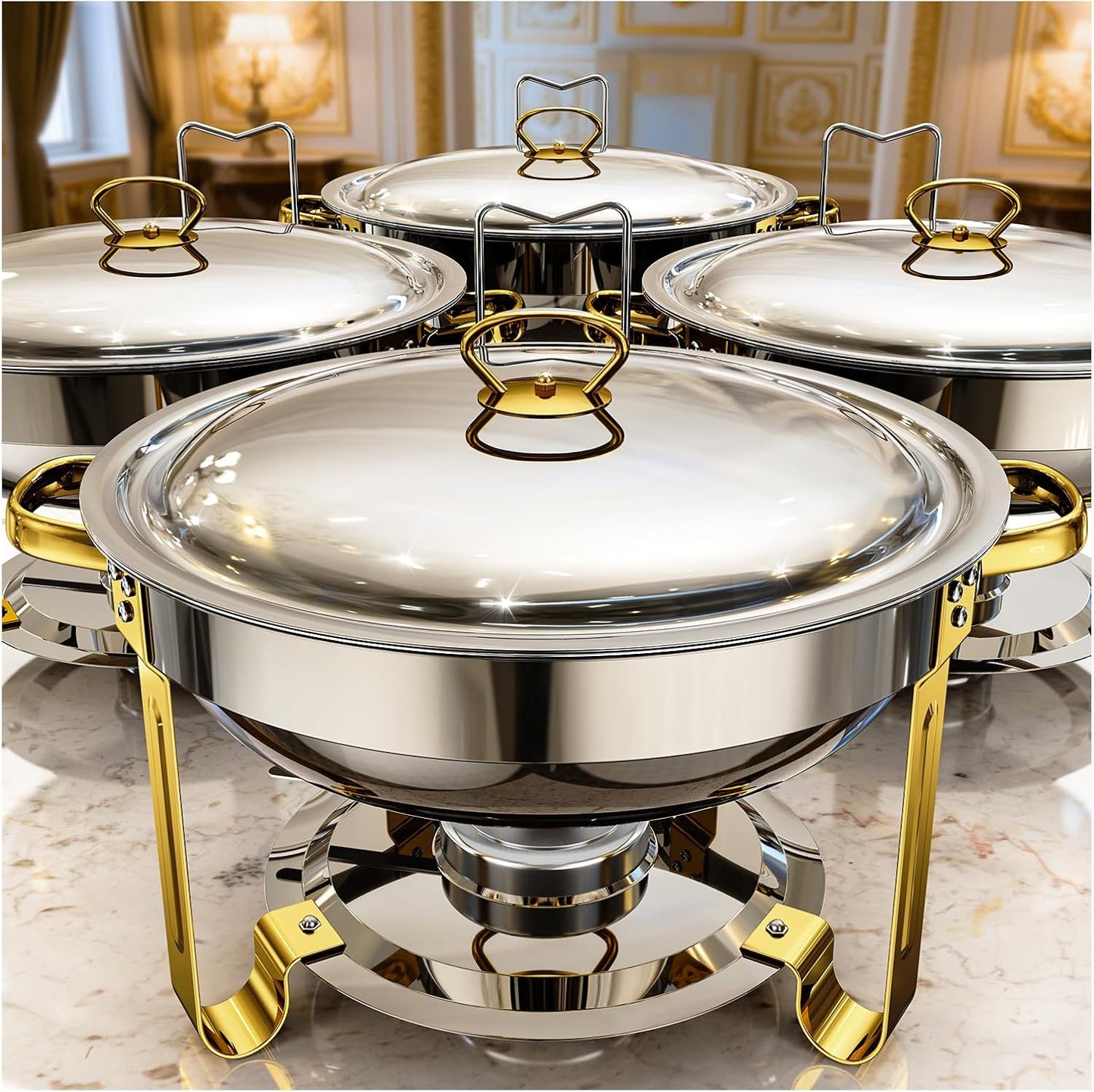 Chafing Dishes for Buffet 4 Pack,5 QT Food Warmers for Parties Buffet,Stainless Steel Round Chafers and Buffet Warmers Sets for Home,Gatherings,Birthday,Parties,Church Events,Catering Events