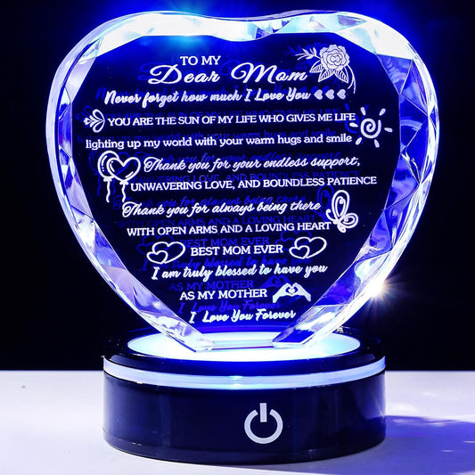 Gifts for Mom with Colorful LED Base Unique Moms Birthday Gifts from Daughter Son Crystal Heart Keepsakes to My Mom Gift for Mother's Day Thanksgiving Best Mother Ever Presents