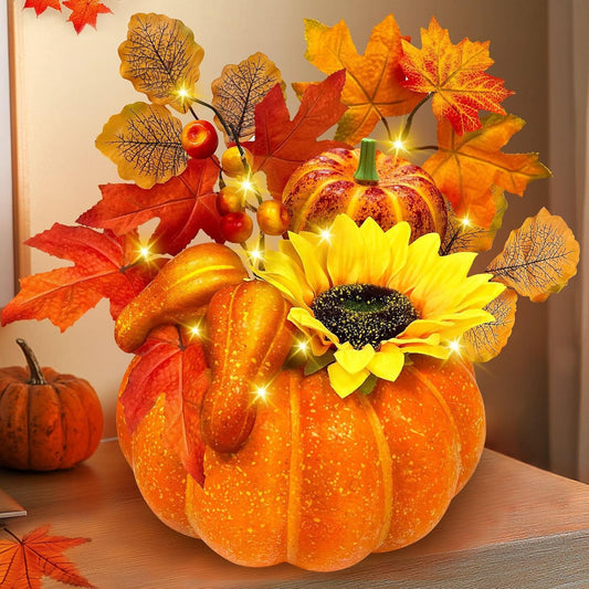 [Timer & Prelit] Thanksgiving Decorations Fall Decorations for Home, Artificial Fake Pumpkin with Maples Leaves Sunflower Berried 20 LED Lights Halloween Fall Centerpieces for Tables Home Porch Indoor