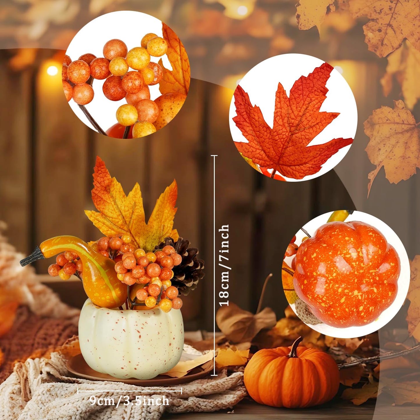 Artmag Set of 6 Artificial Pumpkins Decorations, Decorative Orange Pumpkin with Maple Berry Acorn Pine Cone Vegetables for Fall Thanksgiving Harvest Party Decoration
