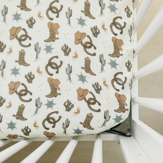 Outlaw Cowboy Muslin Crib Sheet by Mebie Baby, Soft and Breathable Bed Sheets for Babies, Modern Neutral Bedding for Cribs, Standard Crib Mattress Fitted Sheet, Great for Boy or Girl Room