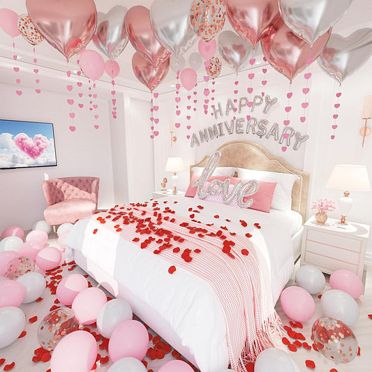Anniversary Decorations, Happy Anniversary Banner, Pink Hanging String Hearts, Pink and White Balloons, Love Balloon, Red Silk Rose Petals for Wedding Bridal Shower Bachelorette Party Decorations