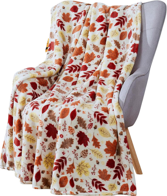 Fall Decor Throw Blanket: Soft Warm Autumn Leaves and Berries in Red Yellow Brown Beige Colors for Living Room Couch Bed Chair Dorm