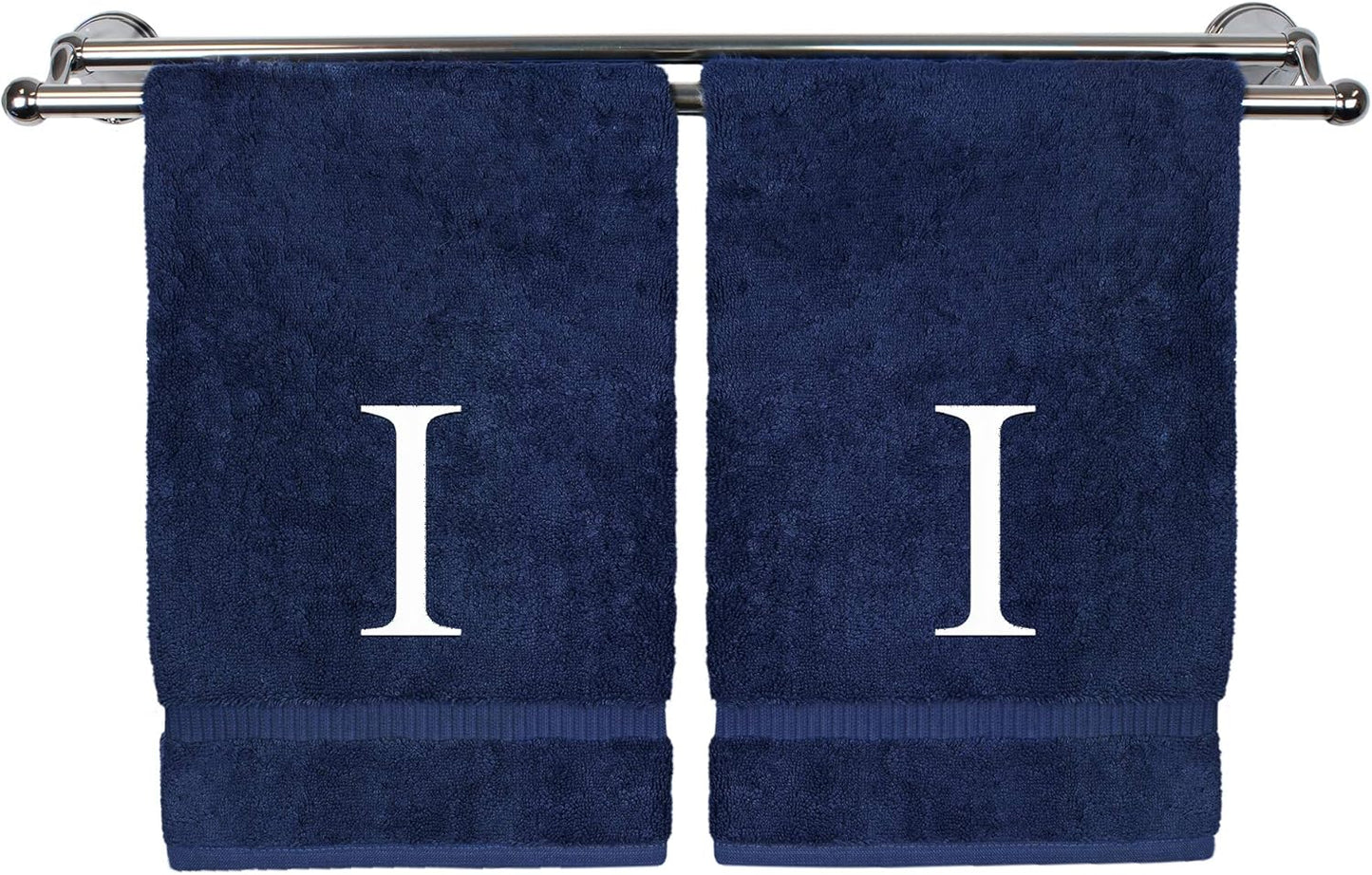 Monogrammed Hand Towel, Personalized Gift, Set of 2- White Block Letter Embroidered Towel - Extra Absorbent 100% Turkish Cotton - Soft Terry Finish - Initial I Navy