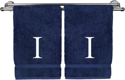 Monogrammed Hand Towel, Personalized Gift, Set of 2- White Block Letter Embroidered Towel - Extra Absorbent 100% Turkish Cotton - Soft Terry Finish - Initial I Navy