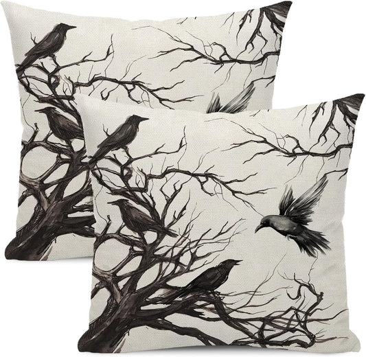 Halloween Pillow Covers 16x16 Inch Set of 2 Black Crows Branch Decorative Farmhouse Throw Pillow Covers Outdoor Halloween Decor Linen Cushion Case for Couch Home Sofa Decorations