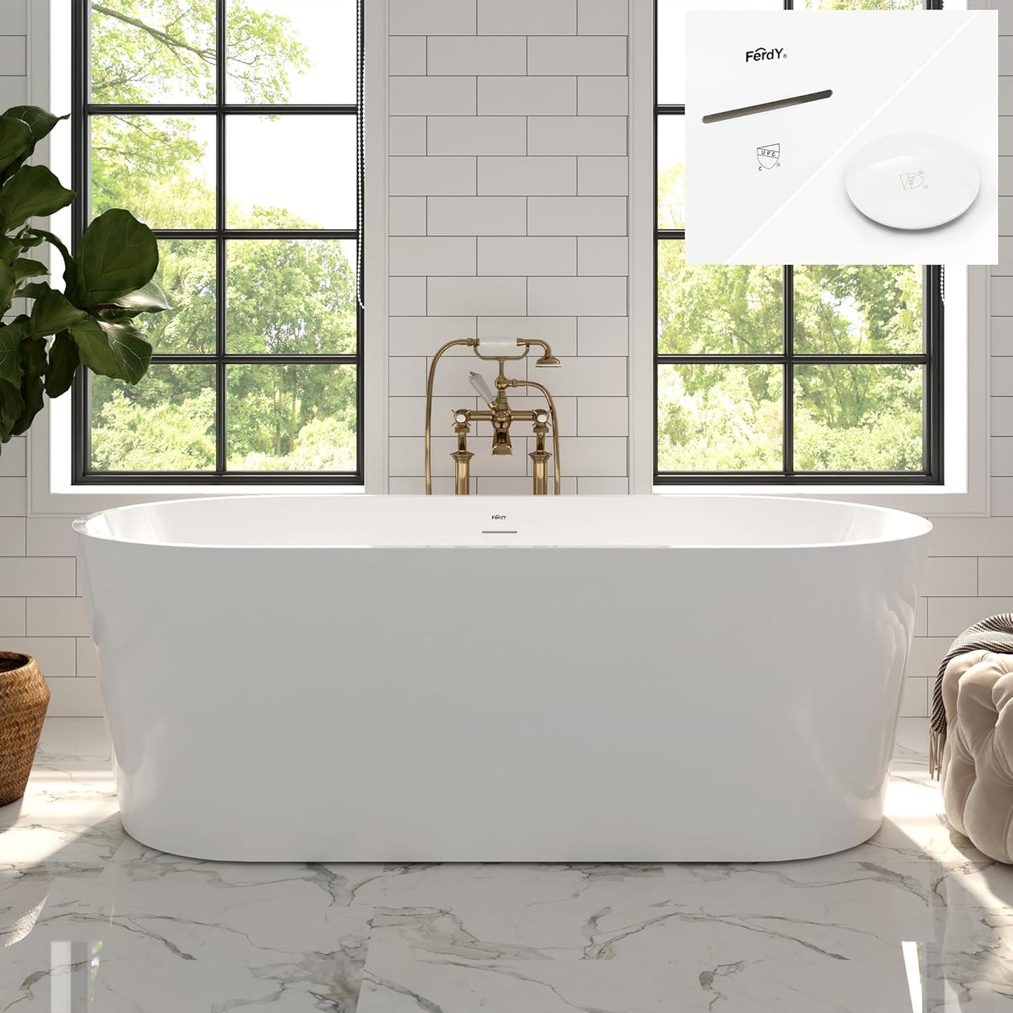 FerdY Shangri-La 67" Acrylic Freestanding Bathtub, Classic Oval Shape Acrylic Soaking Bathtub with Polished White Drain & Minimalist Linear Design Overflow, Modern White, cUPC Certified