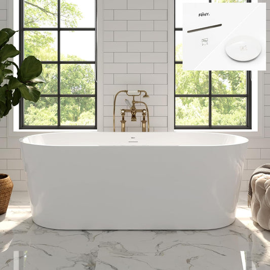 FerdY Shangri-La 67" Acrylic Freestanding Bathtub, Classic Oval Shape Acrylic Soaking Bathtub with Polished White Drain & Minimalist Linear Design Overflow, Modern White, cUPC Certified