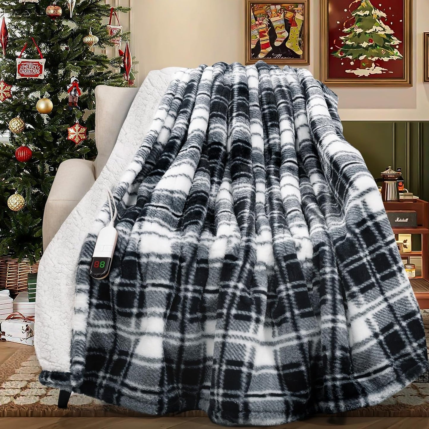 MAXEVE Faux Fur Heated Electric Blanket, 62"x84" Fast Heating Warming Twin Blankets with 8 Heating Levels & 8 Hours Auto Off with Over-Heat Protection & ETL Certified, Plaid Black