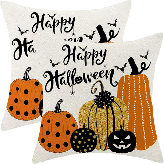 Halloween Pillow Covers 18x18 inches Set of 2 Orange Black Pumpkin Decorative Farmhouse Throw Pillow Covers Outdoor Autumn Halloween Decoration Pillowcase Farmhouse Cushion Case for Couch Sofa