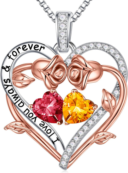 Iefil Rose Heart Double Birthstone Necklace Gifts for Wife Her Mom Women, Birthstone Jewelry Gemstone Birthday Gifts for Girlfriend Grandma Her Wife Women