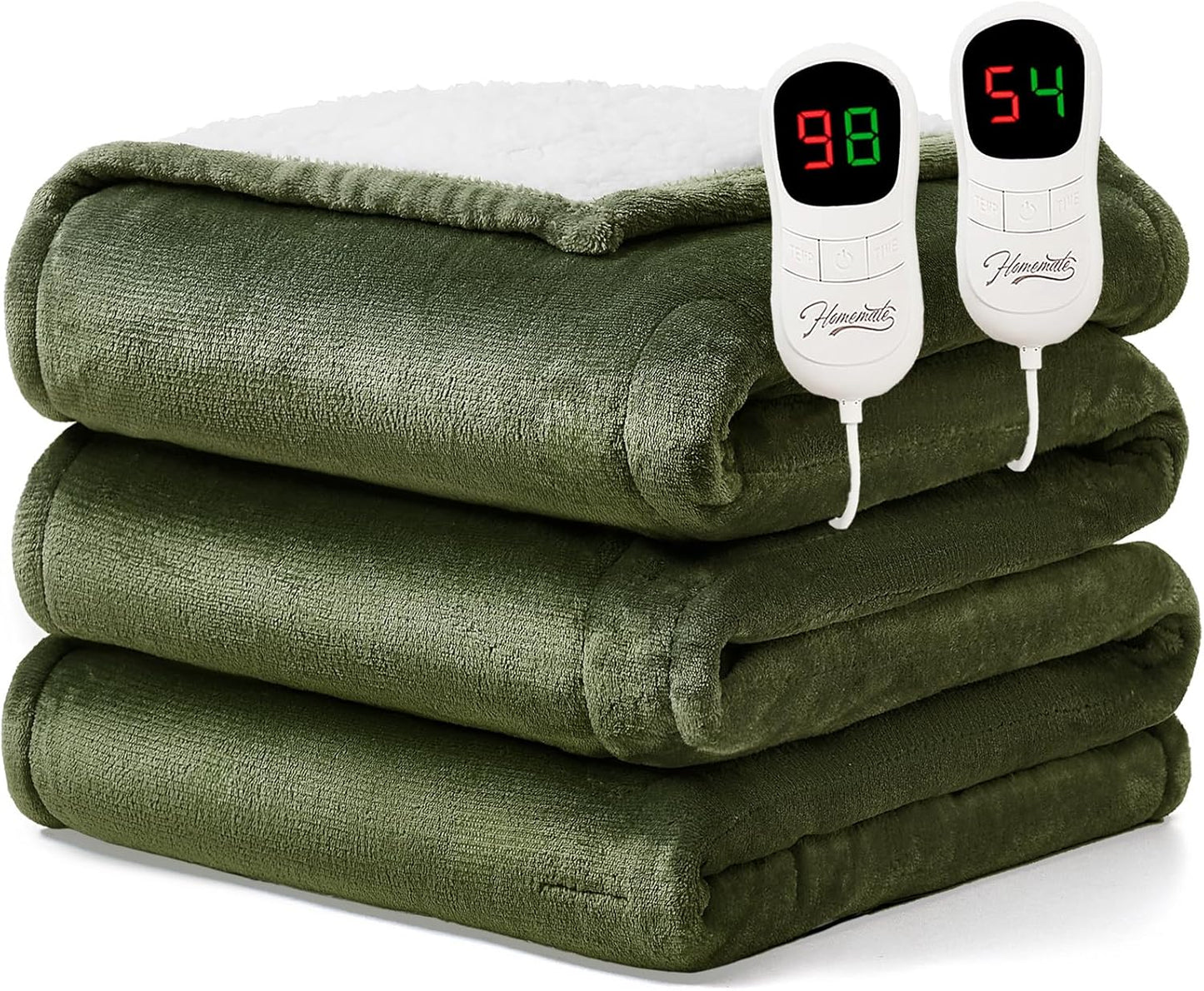 Homemate Electric Heated Blanket Queen Size - 84"x90" Heating Blanket Queen Size Dual Control 1/2/4/6/8 Hours Auto-Off 10 Heat Level Over-Heat Protection Flannel Sherpa ETL Certification