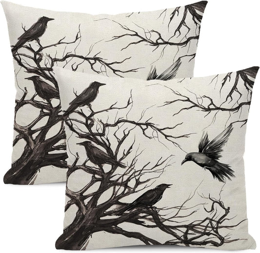 Halloween Pillow Covers 18x18 inch Set of 2 Black Crows Branch Decorative Farmhouse Throw Pillow Covers Outdoor Halloween Decor Cushion Case for Couch Home Sofa Decortions