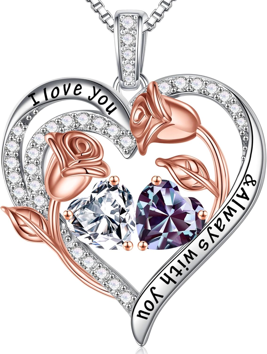 Iefil Birthstone Necklace for Women - 925 Sterling Silver Rose Heart Birthstone Necklace Birthday Anniversary Jewelry Gifts for Her Wife Mom Daughter