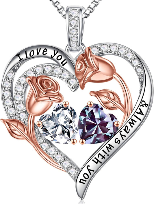 Iefil Birthstone Necklace for Women - 925 Sterling Silver Rose Heart Birthstone Necklace Birthday Anniversary Jewelry Gifts for Her Wife Mom Daughter