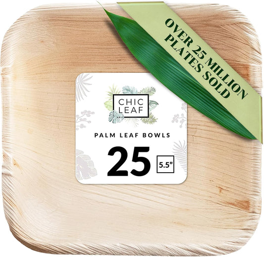 Chic Leaf Palm Leaf Bowls - Mini Disposable Bamboo Bowls for Weddings & Parties - Disposable Plates - Biodegradable & Compostable Party Supplies (5.5'' Square - 25 Pack)