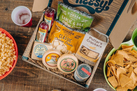 Cheese Bros Game Day Deluxe Gift Box | Fresh from Wisconsin | Includes Goudas, Curds, 8-Year Aged Cheddar, Mustard, Summer Sausage and Organic Crackers | Tailgating Snacks for Everyone