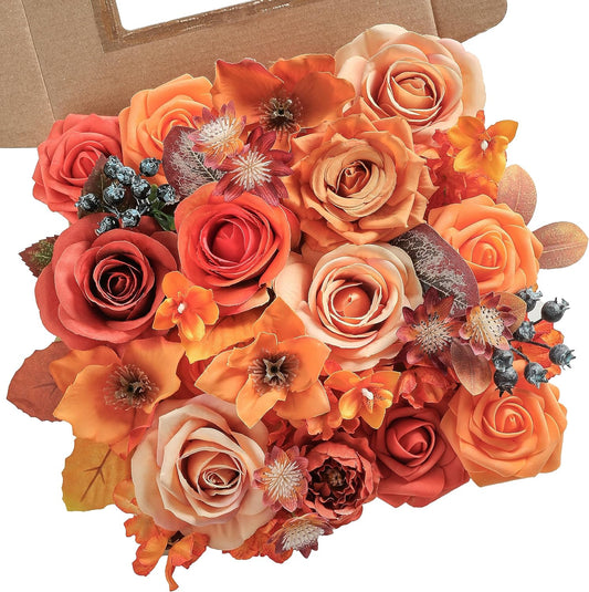 Orange Artificial Flowers Combo Box Set Fall Silk Flowers Fake Rose for DIY Floral Arrangements Wedding Bouquets Centerpieces Baby Shower Party Home Decorations