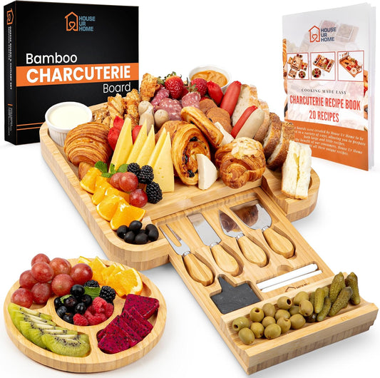 Large Bamboo Charcuterie Boards Gift Set with Hidden Drawer, Side Fruit Tray, Cheese Knife Set, Ceramic Bowls, Recipe Book - House Warming Gifts New Home