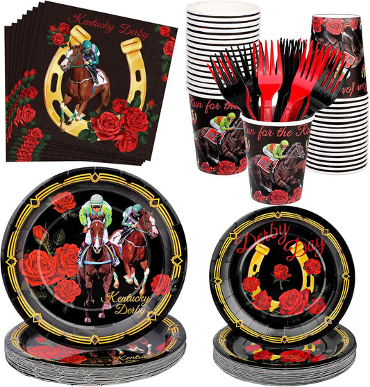 144 Pieces Horse Racing Party Tableware Sets Including Disposable Plates Napkins Cups Forks Serves 24 for Birthday Horse Theme Party Supplies