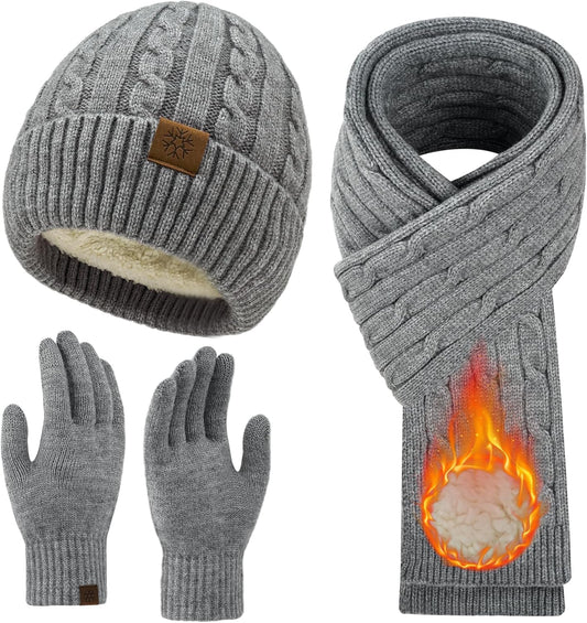 Womens Winter Beanie Hat Scarf Gloves Set, Knit Touch Screen Gloves Long Scarf Skull Caps Fleece Lined Winter Gift