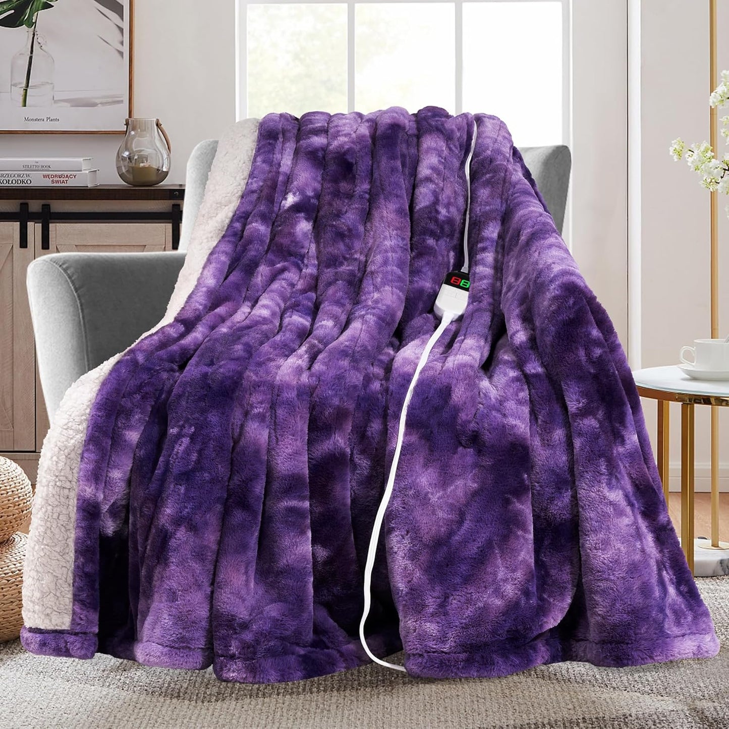 MAXEVE Electric Heated Throw Faux Rabbit Fur Blanket with 8 Heating Levels & 8H Auto Off, Fast Heating Warm Cozy Sherpa Washable Blanket with Over-Heat Protection, ETL Certification, Purple