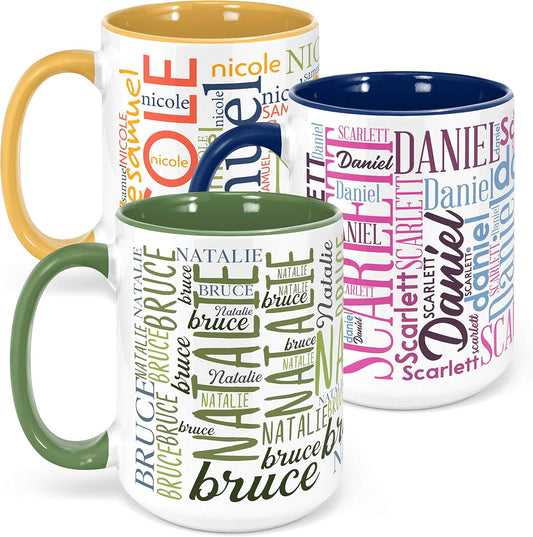 Personalized Coffee Mugs w/Word Cloud Art, 12 Colors & 9 Font Art, 15 oz. Custom Gifts for Couples, Men, Women - Green/White, Ceramic Keepsake Mug, Personalized Gifts