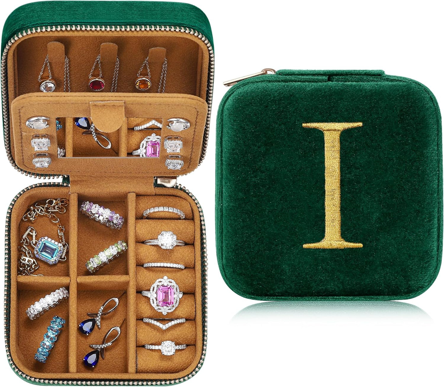 Parima Plush Velvet Travel Jewelry Organizer for Women - Personalized Small Jewelry Boxes Travel Essentials Gifts for Women Mom Friends Birthday Her Bridesmaids Teenage Gifts Idea - Letter I, Green