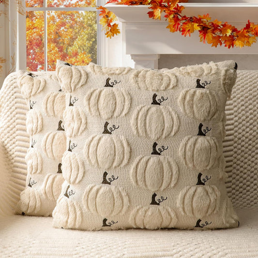 4TH Emotion Fall Pumpkin Decorative Pillow Covers 16x16 Set of 2, Beige Soft Plush Faux Fur Wool Farmhouse Throw Cushion Cases for Autumn Thanksgiving Holiday Home Decorations