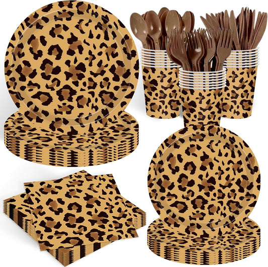 140PCS Leopard Print Party Decorations,Jungle Animal theme Decorations Include Tableware, Plate, Cup, Napkin, Cutlery, Animal Cheetah Print Birthday Party Supplies Serve 20