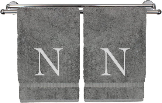 Monogrammed Hand Towel, Personalized Gift, Set of 2- Silver Block Letter Embroidered Towel - Extra Absorbent 100% Turkish Cotton - Soft Terry Finish - Initial N Gray
