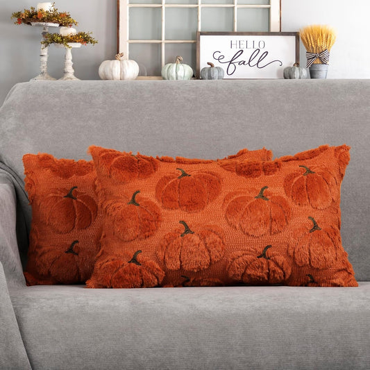 4TH Emotion Fall Pumpkins Decorative Lumbar Pillow Covers 12x20 Set of 2, Dark Rust Red Soft Plush Faux Fur Wool Farmhouse Throw Cushion Cases for Autumn Thanksgiving Holiday Home Decorations
