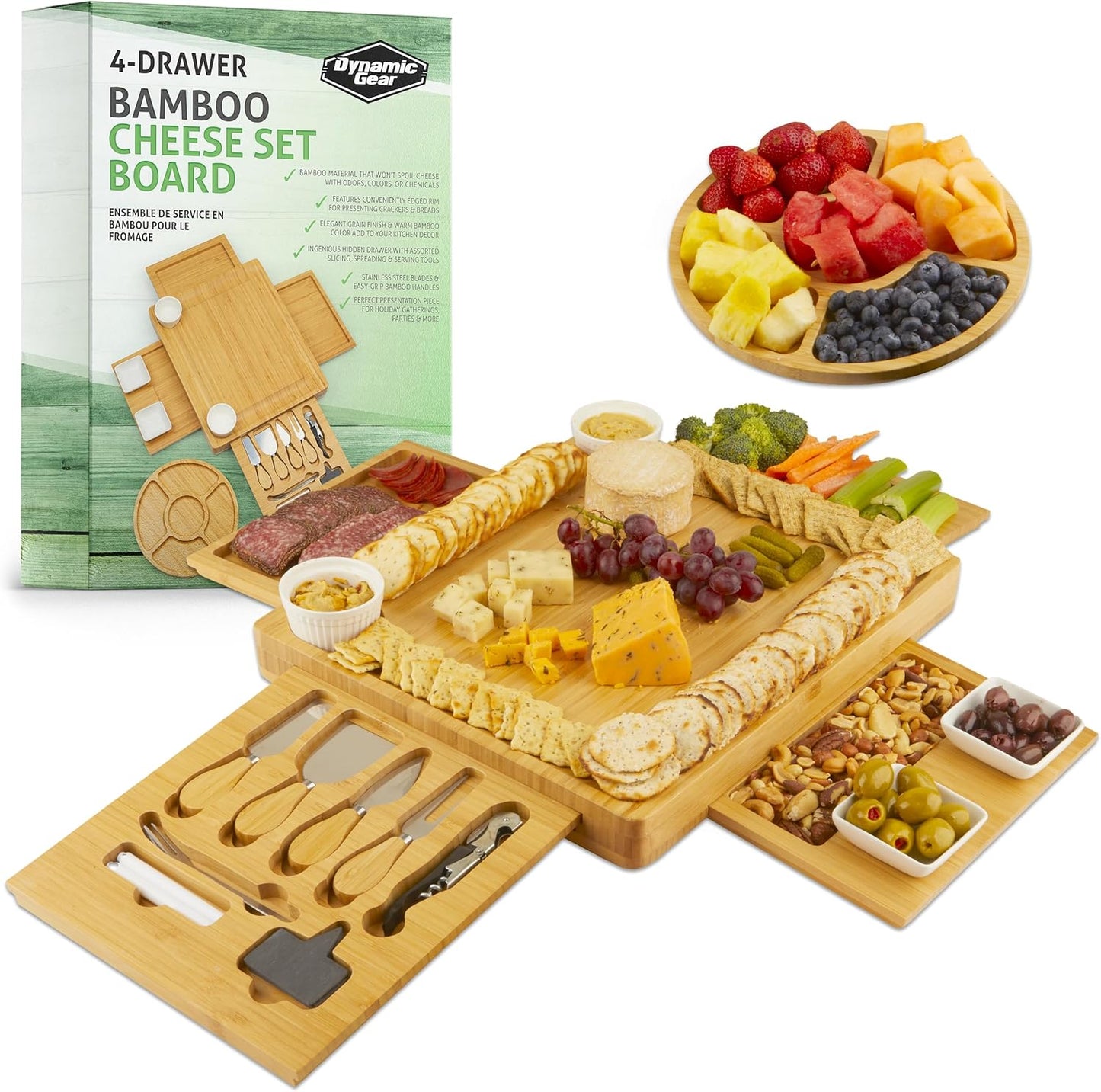 Dynamic Gear Charcuterie Boards with Drawers - Expandable Bamboo Cheese Board Set with Stainless Steel Utensils, Ceramic Bowls, Serving Trays, Utensil Drawer, and Appetizer Tray - 4 Hidden Drawers