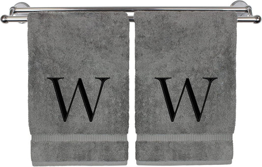 Monogrammed Hand Towel, Personalized Gift, Set of 2- Black Block Letter Embroidered Towel - Extra Absorbent 100% Turkish Cotton - Soft Terry Finish - Initial W Gray