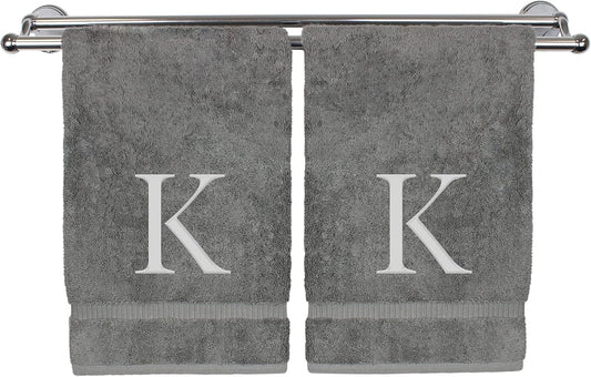 Monogrammed Hand Towel, Personalized Gift, Set of 2- Silver Block Letter Embroidered Towel - Extra Absorbent 100% Turkish Cotton - Soft Terry Finish - Initial K Gray