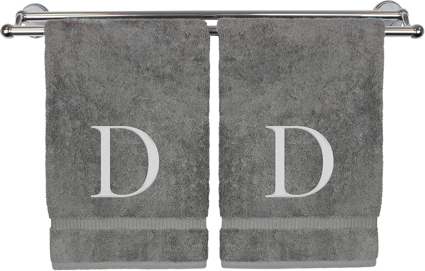 Monogrammed Hand Towel, Personalized Gift, Set of 2- Silver Block Letter Embroidered Towel - Extra Absorbent 100% Turkish Cotton - Soft Terry Finish - Initial D Gray