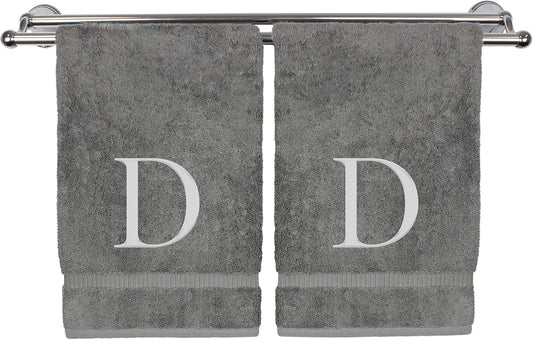 Monogrammed Hand Towel, Personalized Gift, Set of 2- Silver Block Letter Embroidered Towel - Extra Absorbent 100% Turkish Cotton - Soft Terry Finish - Initial D Gray