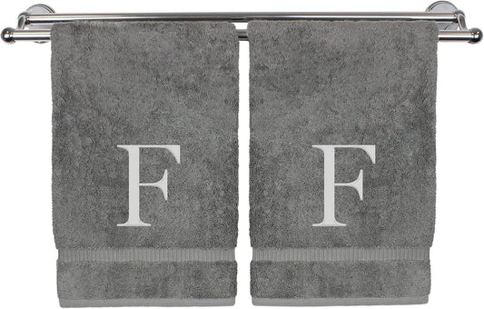 Monogrammed Hand Towel, Personalized Gift, Set of 2- Silver Block Letter Embroidered Towel - Extra Absorbent 100% Turkish Cotton - Soft Terry Finish - Initial F Gray