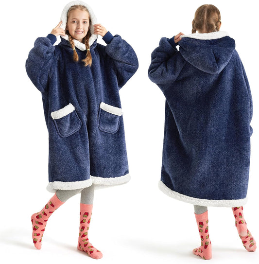 Bedsure Blanket Hoodie, Wearable Blanket for Adults & Kids as Gifts for Women Men, Birthday Gifts for Women Mom Girl Sherpa Oversized Hoodie, Ocean Blue, Kids