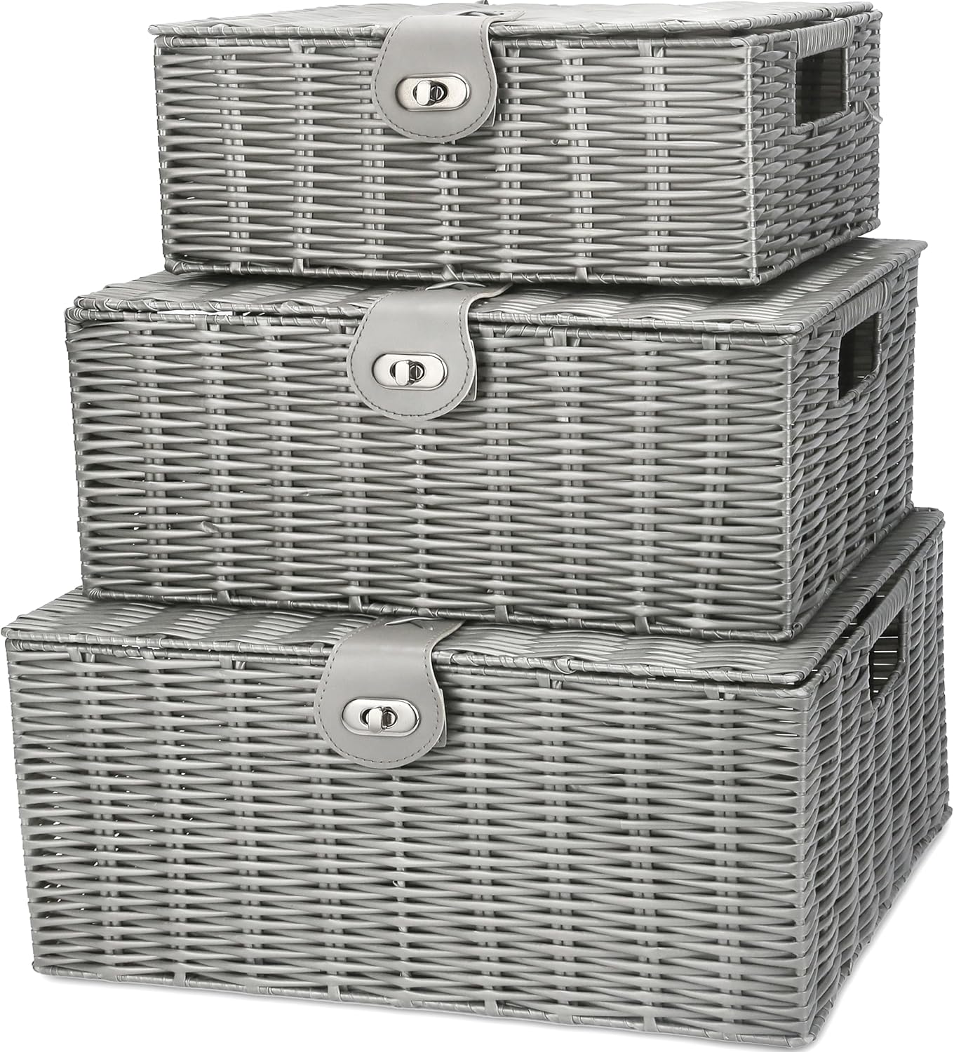 Honygebia Grey Wicker Storage Baskets - Set of 3 Decorative Nesting Boxes with Lids, Woven Basket with Lock & Handle, Organizer for Beauty Makeup Bathroom Decor