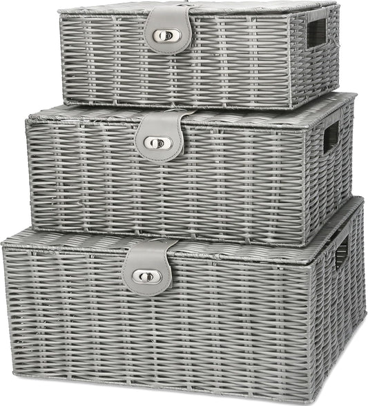 Honygebia Grey Wicker Storage Baskets - Set of 3 Decorative Nesting Boxes with Lids, Woven Basket with Lock & Handle, Organizer for Beauty Makeup Bathroom Decor