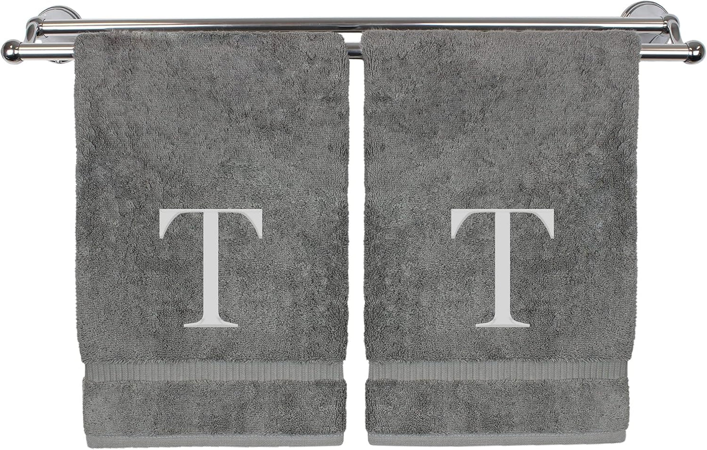 Monogrammed Hand Towel, Personalized Gift, Set of 2- Silver Block Letter Embroidered Towel - Extra Absorbent 100% Turkish Cotton - Soft Terry Finish - Initial T Gray