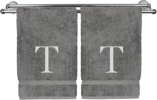 Monogrammed Hand Towel, Personalized Gift, Set of 2- Silver Block Letter Embroidered Towel - Extra Absorbent 100% Turkish Cotton - Soft Terry Finish - Initial T Gray