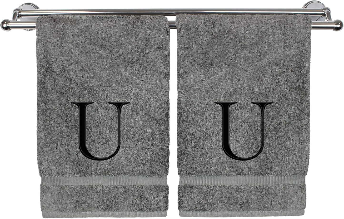 Monogrammed Hand Towel, Personalized Gift, Set of 2- Black Block Letter Embroidered Towel - Extra Absorbent 100% Turkish Cotton - Soft Terry Finish - Initial U Gray