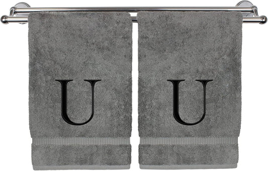 Monogrammed Hand Towel, Personalized Gift, Set of 2- Black Block Letter Embroidered Towel - Extra Absorbent 100% Turkish Cotton - Soft Terry Finish - Initial U Gray
