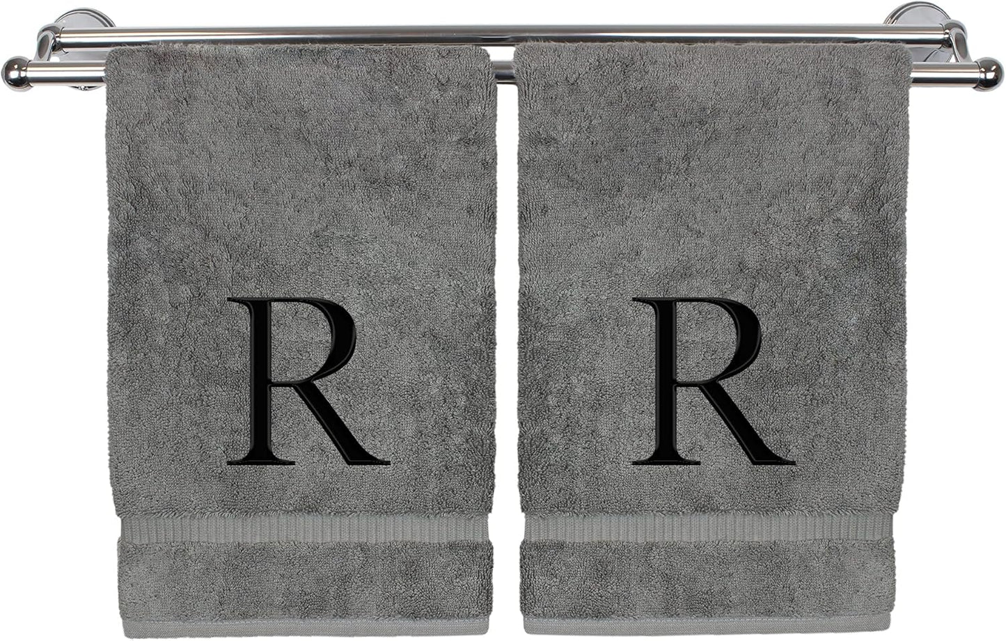 Monogrammed Hand Towel, Personalized Gift, Set of 2- Black Block Letter Embroidered Towel - Extra Absorbent 100% Turkish Cotton - Soft Terry Finish - Initial R Gray